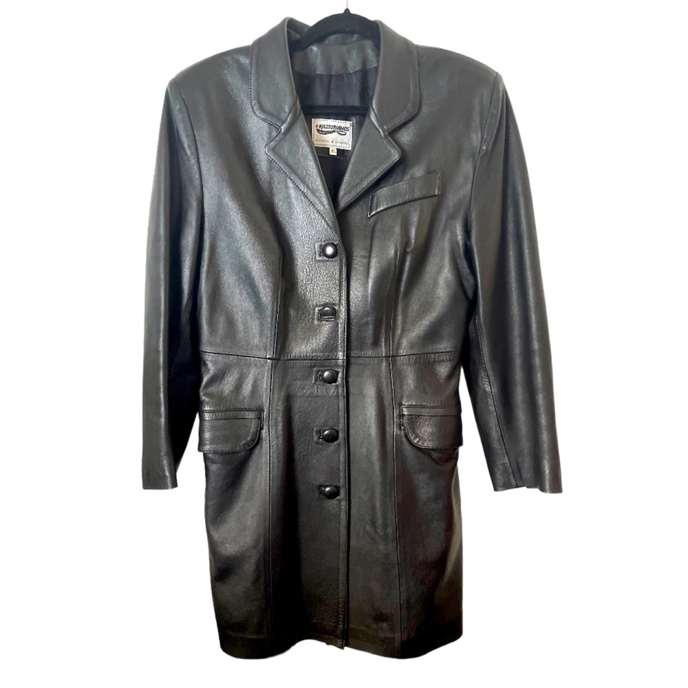 Black Leather Jacket Coat Longline Button Front‎ XL